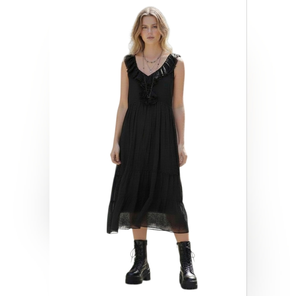 Sheer Silk Ruffle Tiered Midi Dress Boho Chic Gothic French Black Small